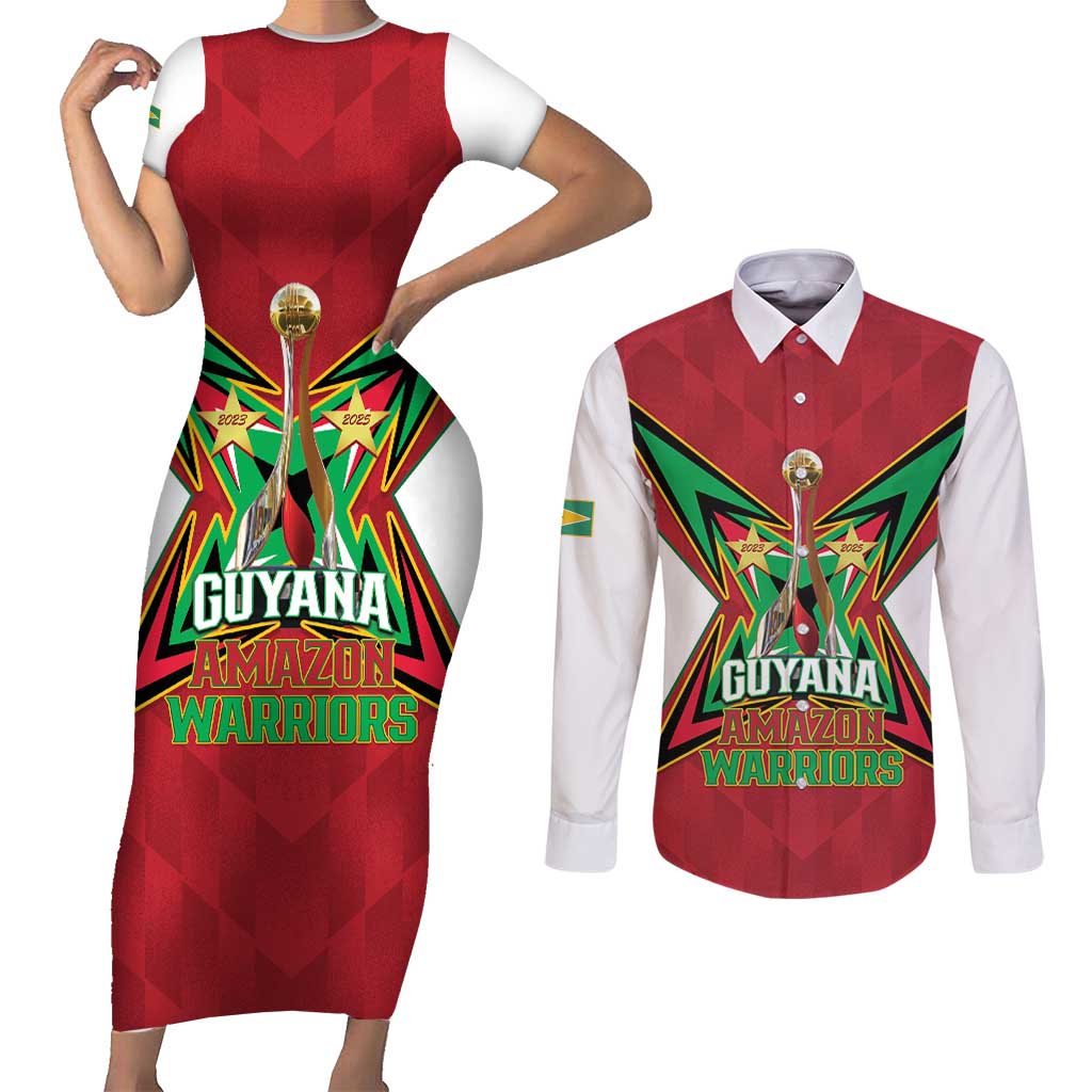 Amazon Warriors Guyana Cricket Custom Couples Matching Short Sleeve Bodycon Dress and Long Sleeve Button Shirt 2025 2nd Champions Proud - Wonder Print Shop