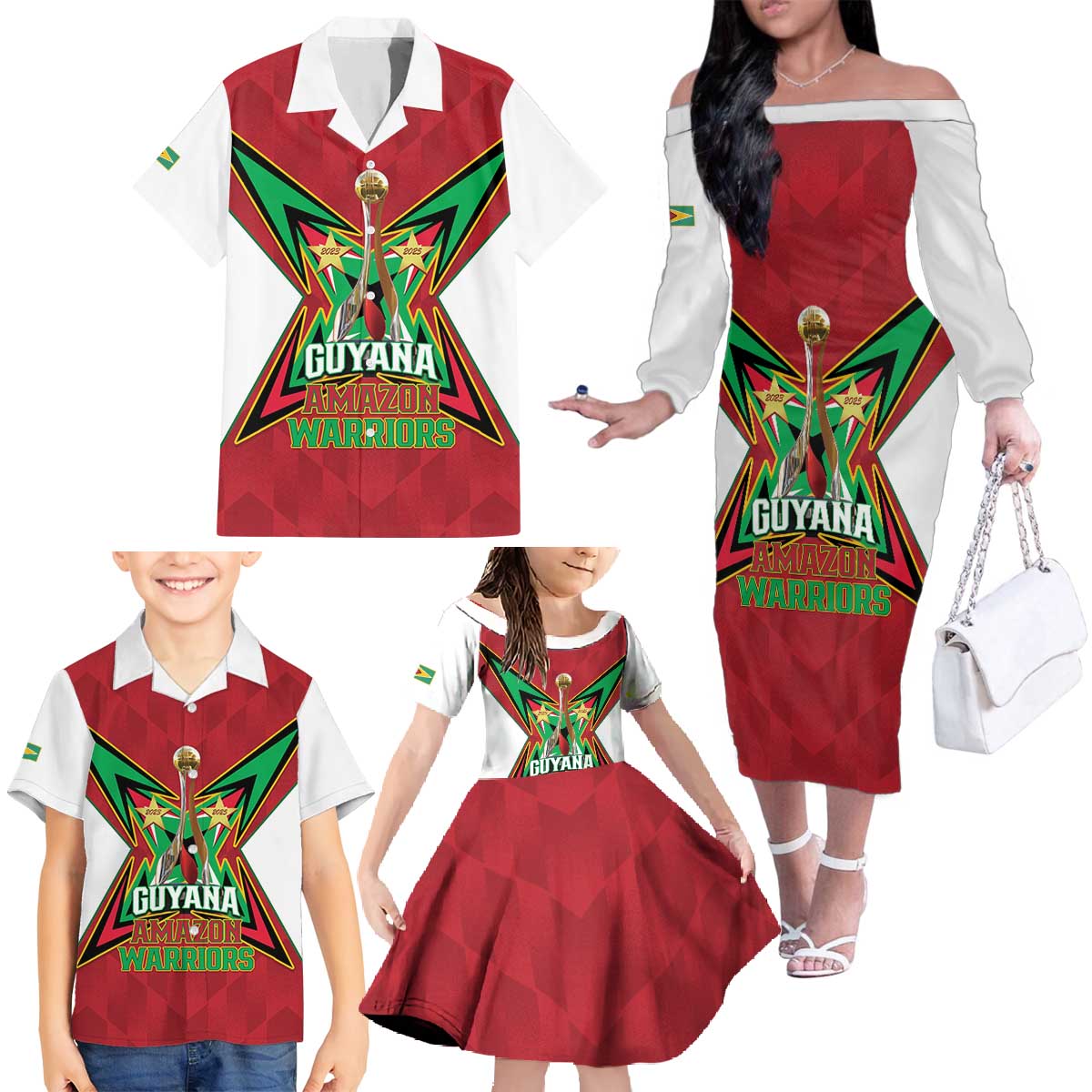 Amazon Warriors Guyana Cricket Custom Family Matching Off The Shoulder Long Sleeve Dress and Hawaiian Shirt 2025 2nd Champions Proud - Wonder Print Shop