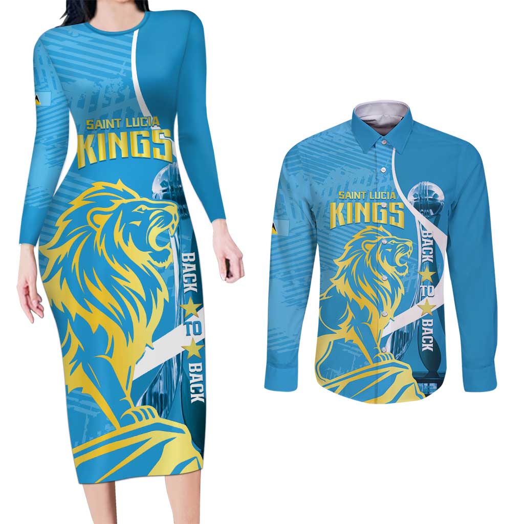 Saint Lucia Kings Cricket Custom Couples Matching Long Sleeve Bodycon Dress and Long Sleeve Button Shirt 2025 2nd Champions Back To Back - Wonder Print Shop