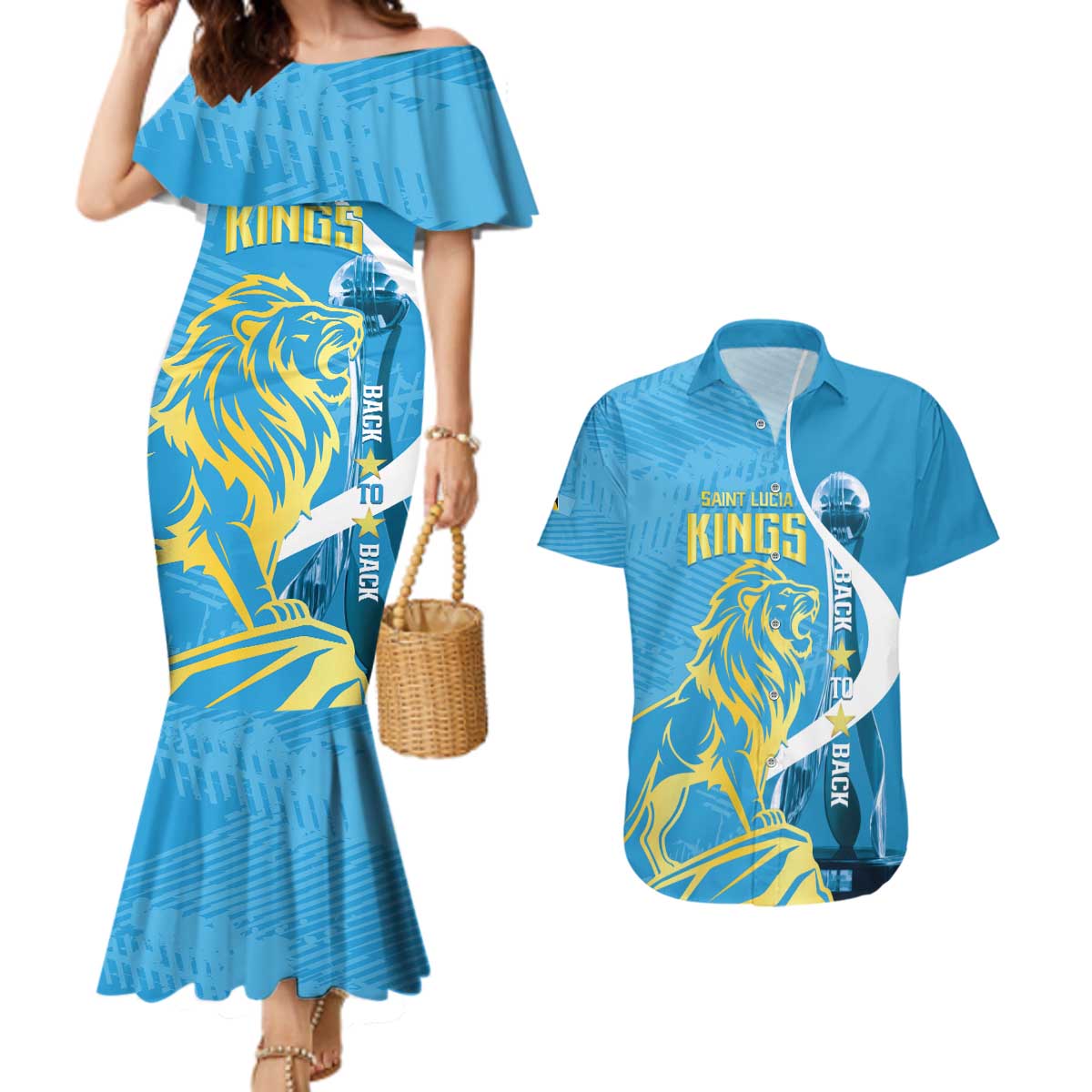 Saint Lucia Kings Cricket Custom Couples Matching Mermaid Dress and Hawaiian Shirt 2025 2nd Champions Back To Back - Wonder Print Shop