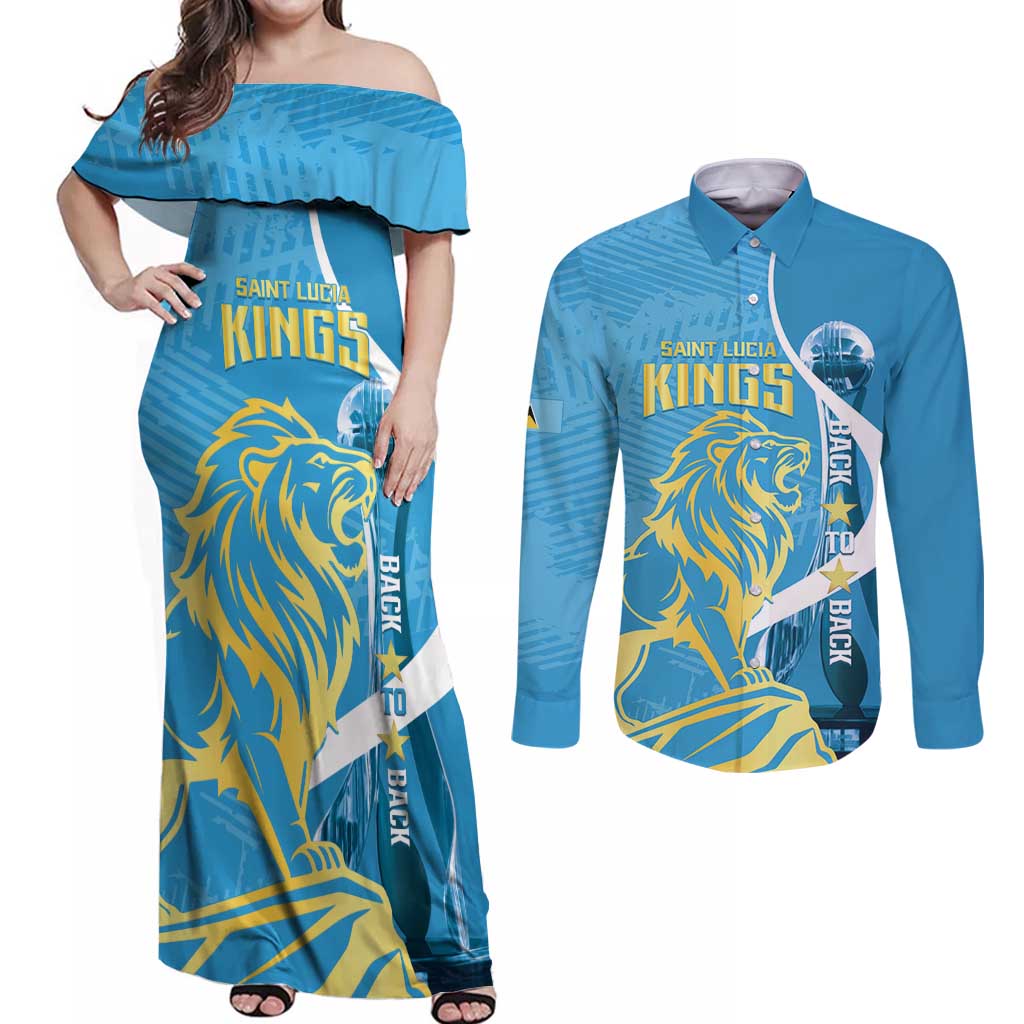 Saint Lucia Kings Cricket Custom Couples Matching Off Shoulder Maxi Dress and Long Sleeve Button Shirt 2025 2nd Champions Back To Back - Wonder Print Shop