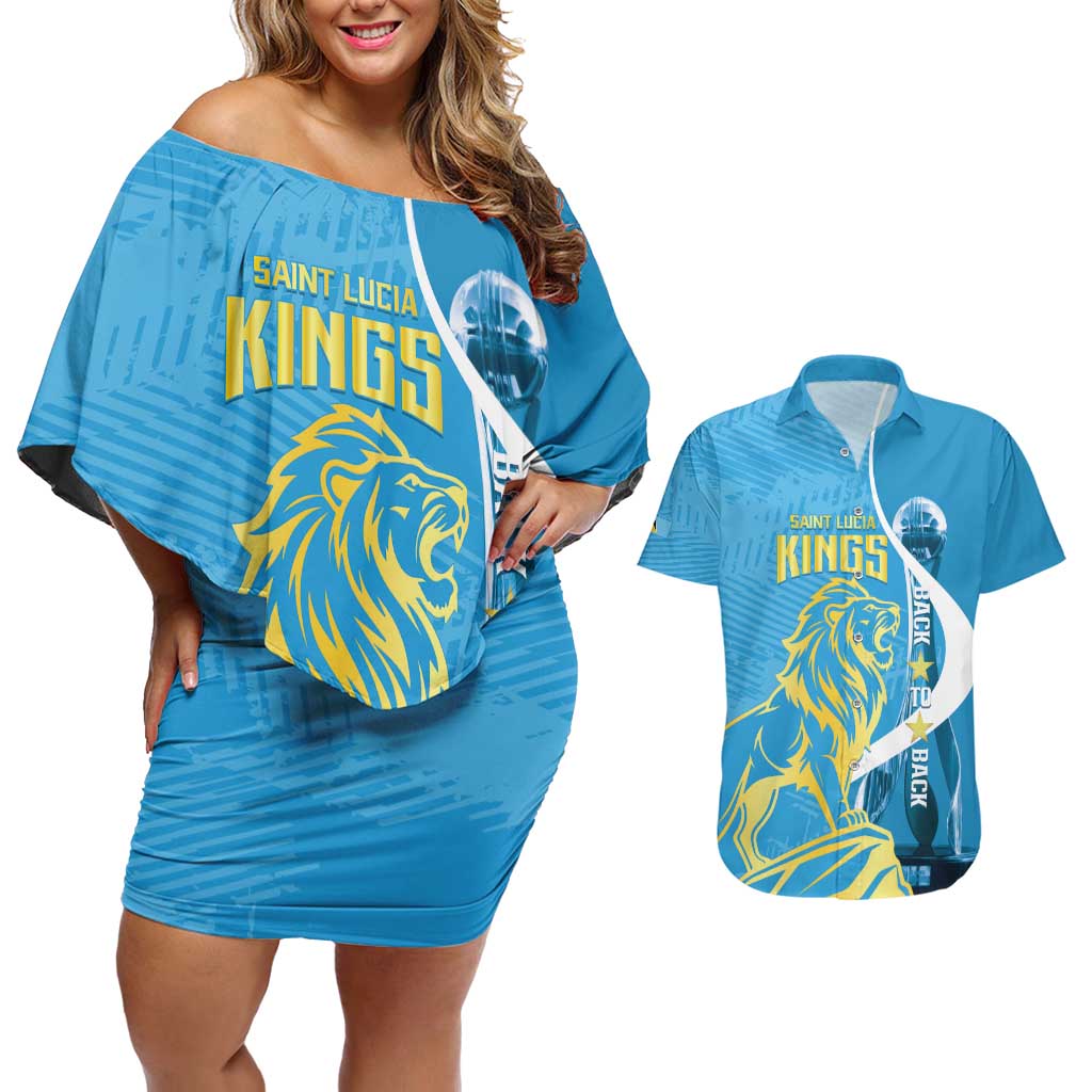 Saint Lucia Kings Cricket Custom Couples Matching Off Shoulder Short Dress and Hawaiian Shirt 2025 2nd Champions Back To Back - Wonder Print Shop