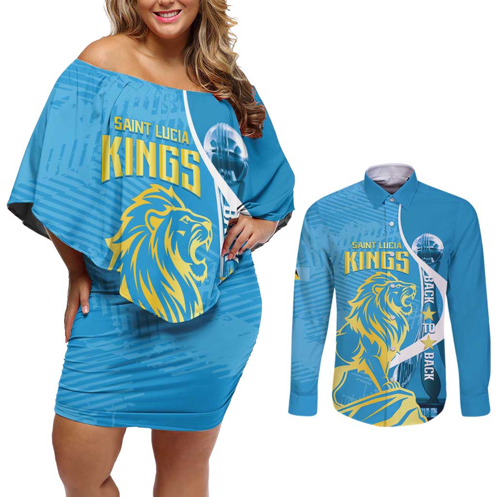 Saint Lucia Kings Cricket Custom Couples Matching Off Shoulder Short Dress and Long Sleeve Button Shirt 2025 2nd Champions Back To Back - Wonder Print Shop
