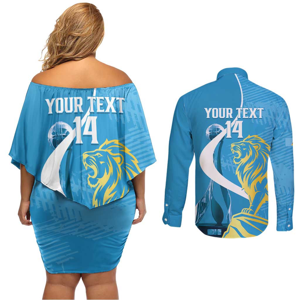 Saint Lucia Kings Cricket Custom Couples Matching Off Shoulder Short Dress and Long Sleeve Button Shirt 2025 2nd Champions Back To Back - Wonder Print Shop
