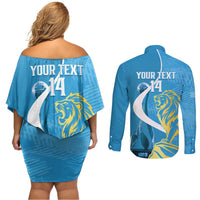 Saint Lucia Kings Cricket Custom Couples Matching Off Shoulder Short Dress and Long Sleeve Button Shirt 2025 2nd Champions Back To Back - Wonder Print Shop