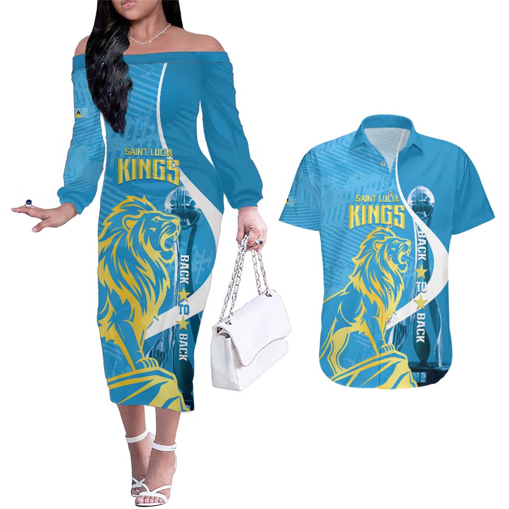 Saint Lucia Kings Cricket Custom Couples Matching Off The Shoulder Long Sleeve Dress and Hawaiian Shirt 2025 2nd Champions Back To Back - Wonder Print Shop