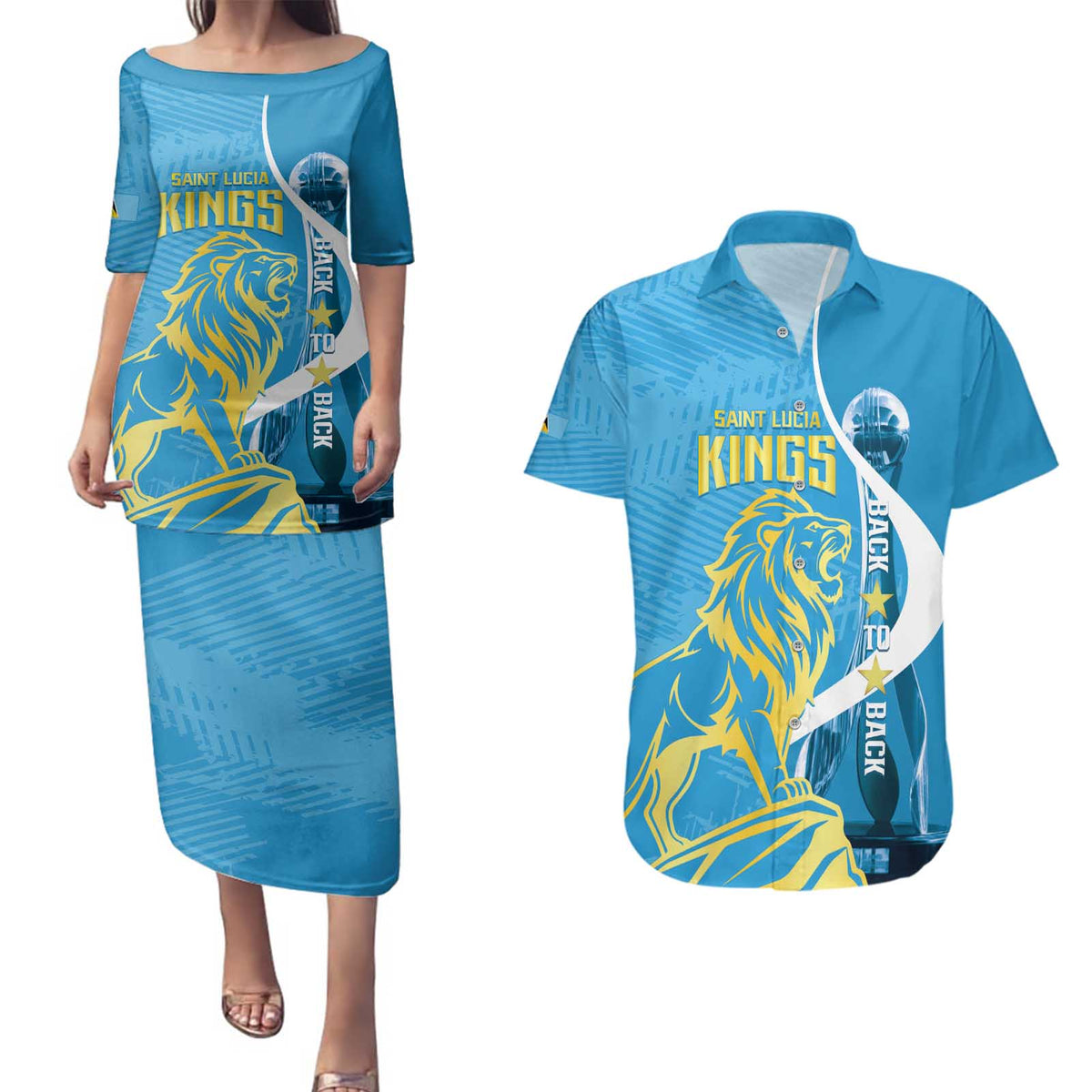 Saint Lucia Kings Cricket Custom Couples Matching Puletasi and Hawaiian Shirt 2025 2nd Champions Back To Back - Wonder Print Shop