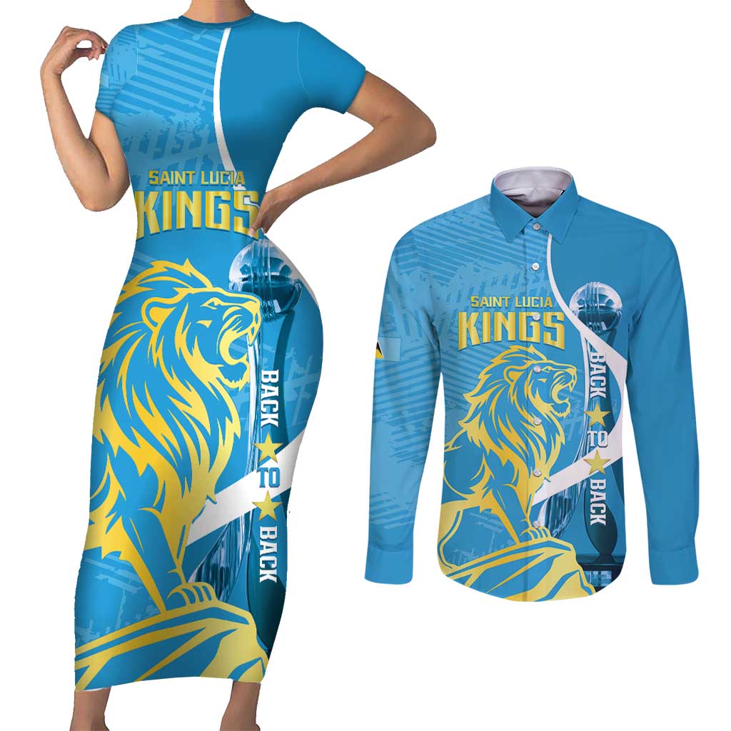 Saint Lucia Kings Cricket Custom Couples Matching Short Sleeve Bodycon Dress and Long Sleeve Button Shirt 2025 2nd Champions Back To Back - Wonder Print Shop