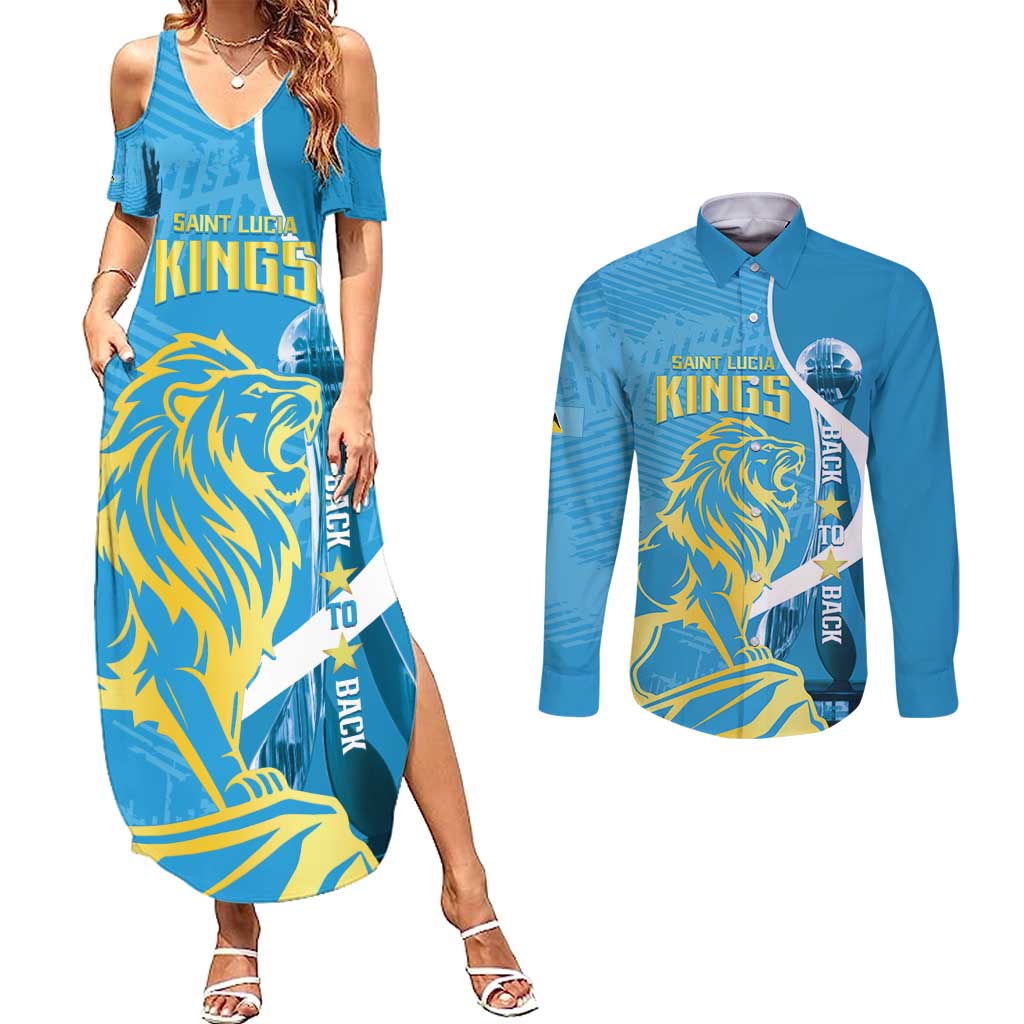 Saint Lucia Kings Cricket Custom Couples Matching Summer Maxi Dress and Long Sleeve Button Shirt 2025 2nd Champions Back To Back - Wonder Print Shop