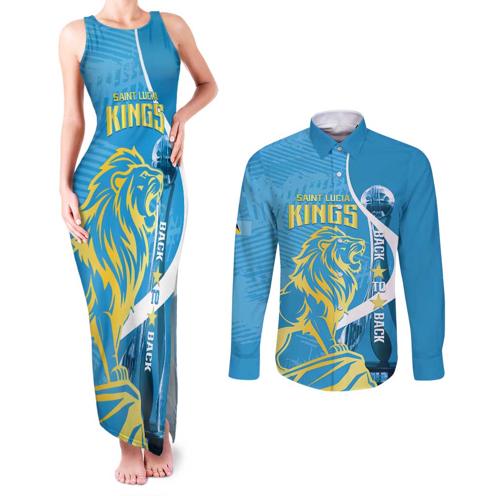 Saint Lucia Kings Cricket Custom Couples Matching Tank Maxi Dress and Long Sleeve Button Shirt 2025 2nd Champions Back To Back - Wonder Print Shop