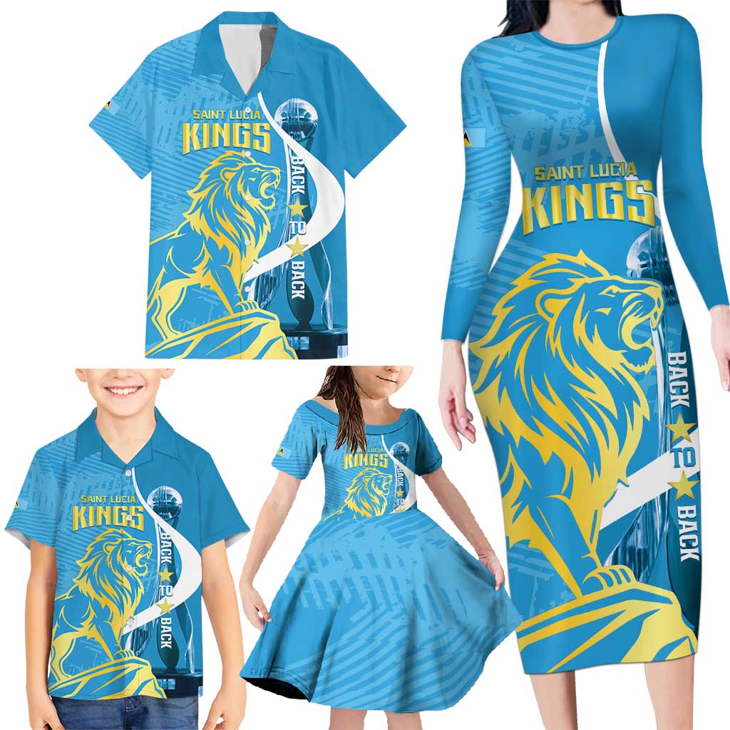 Saint Lucia Kings Cricket Custom Family Matching Long Sleeve Bodycon Dress and Hawaiian Shirt 2025 2nd Champions Back To Back - Wonder Print Shop