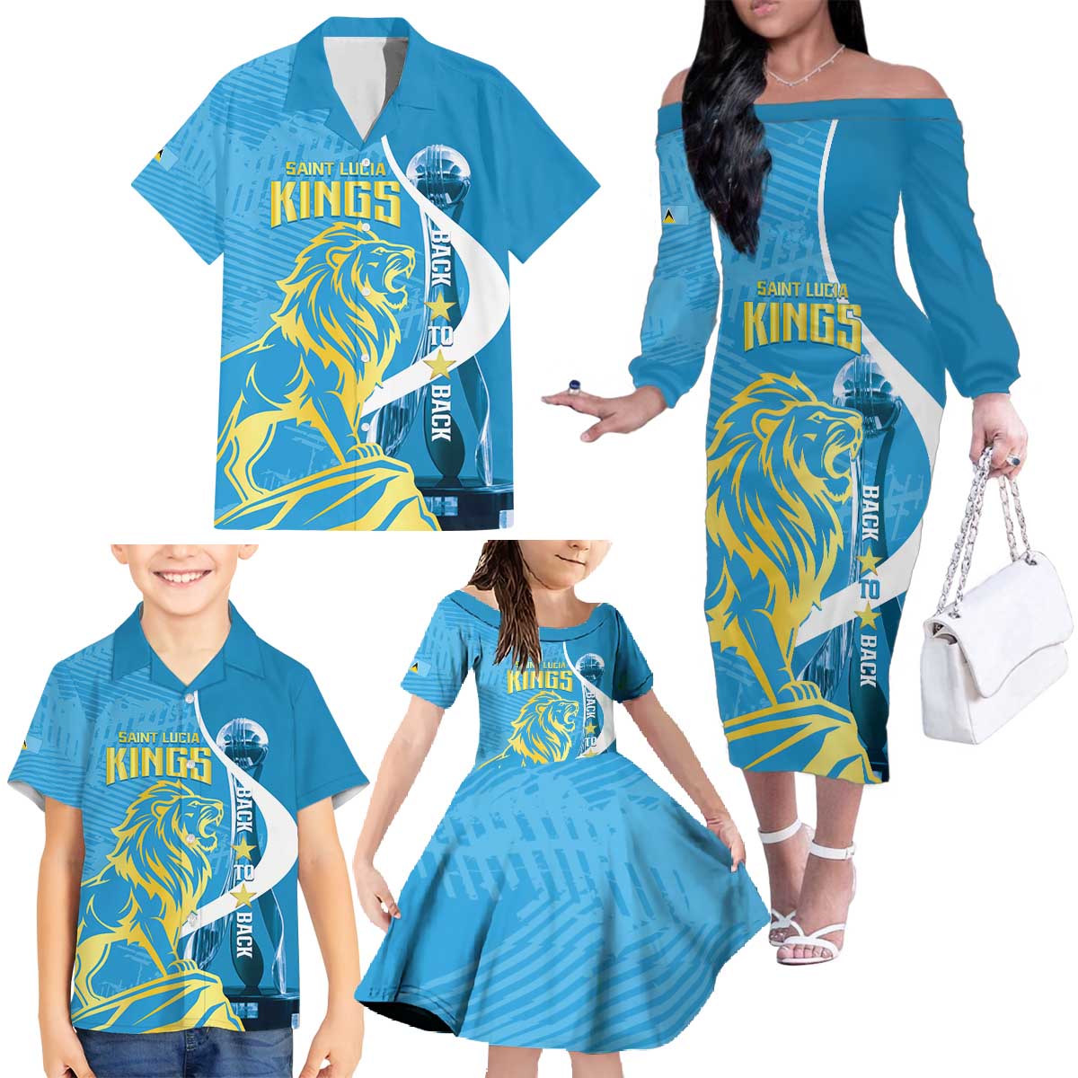 Saint Lucia Kings Cricket Custom Family Matching Off The Shoulder Long Sleeve Dress and Hawaiian Shirt 2025 2nd Champions Back To Back - Wonder Print Shop