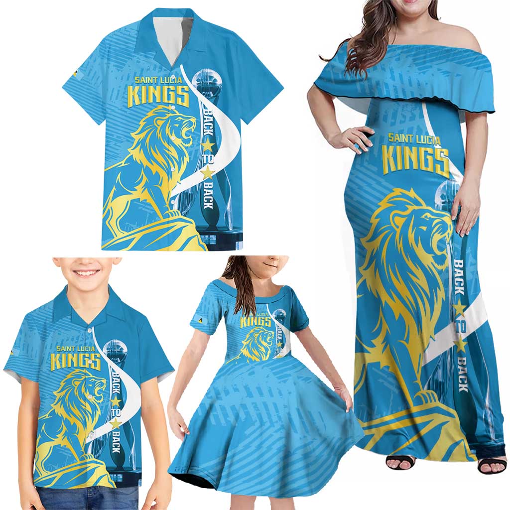Saint Lucia Kings Cricket Custom Family Matching Off Shoulder Maxi Dress and Hawaiian Shirt 2025 2nd Champions Back To Back - Wonder Print Shop