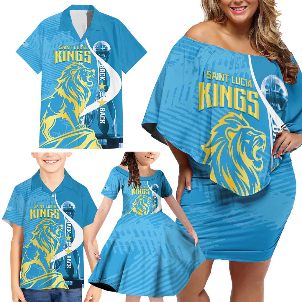 Saint Lucia Kings Cricket Custom Family Matching Off Shoulder Short Dress and Hawaiian Shirt 2025 2nd Champions Back To Back - Wonder Print Shop