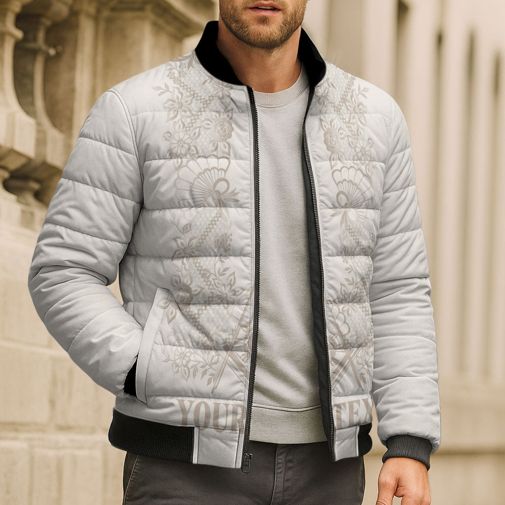 Personalised Filipino Freemasonry Bomber Puffer Jacket Masonic Barong Tagalog Inspired Black