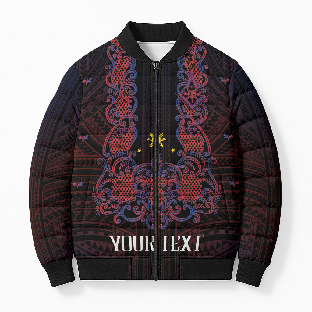 Personalised Philippines Barong Tagalog Freemasonry Bomber Puffer Jacket Filipino Masonic Polynesian Pattern