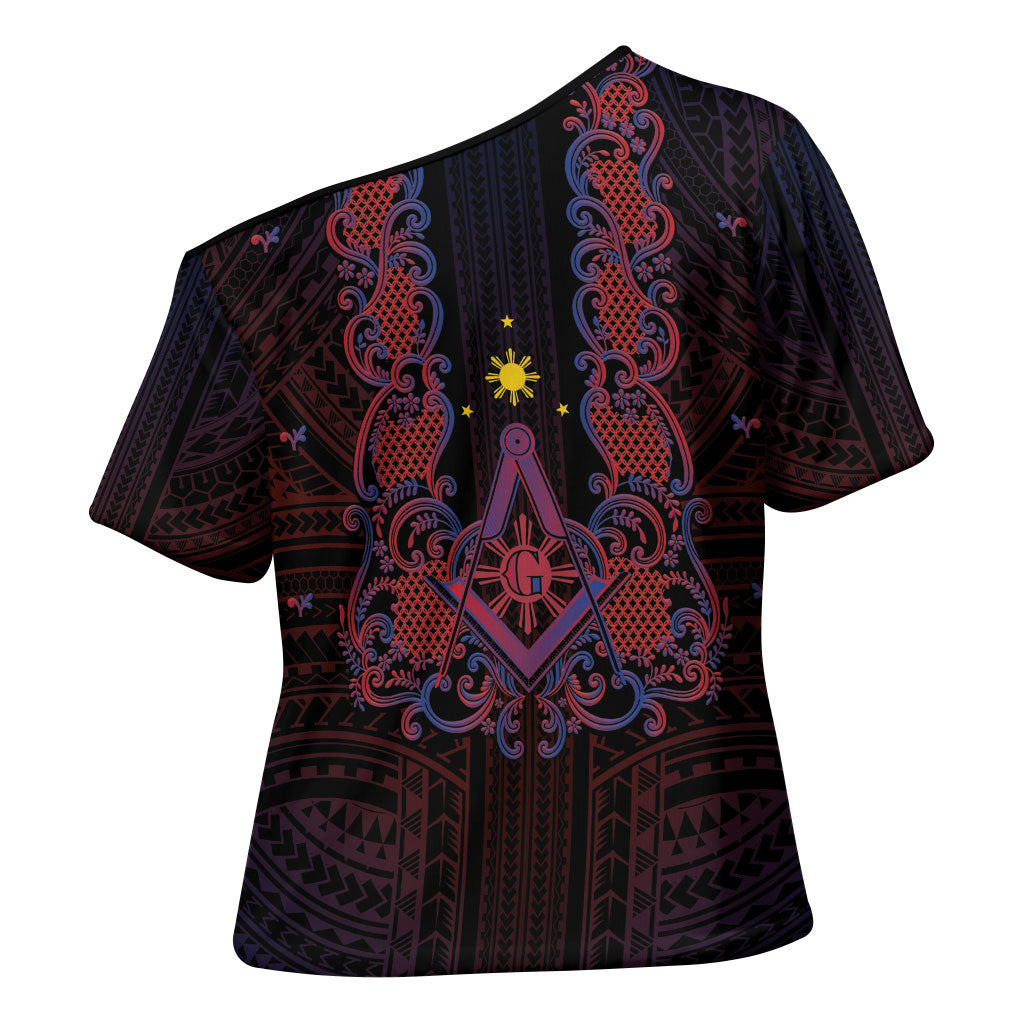 Personalised Philippines Barong Tagalog Freemasonry Cross Shoulder Shirt Filipino Masonic Polynesian Pattern