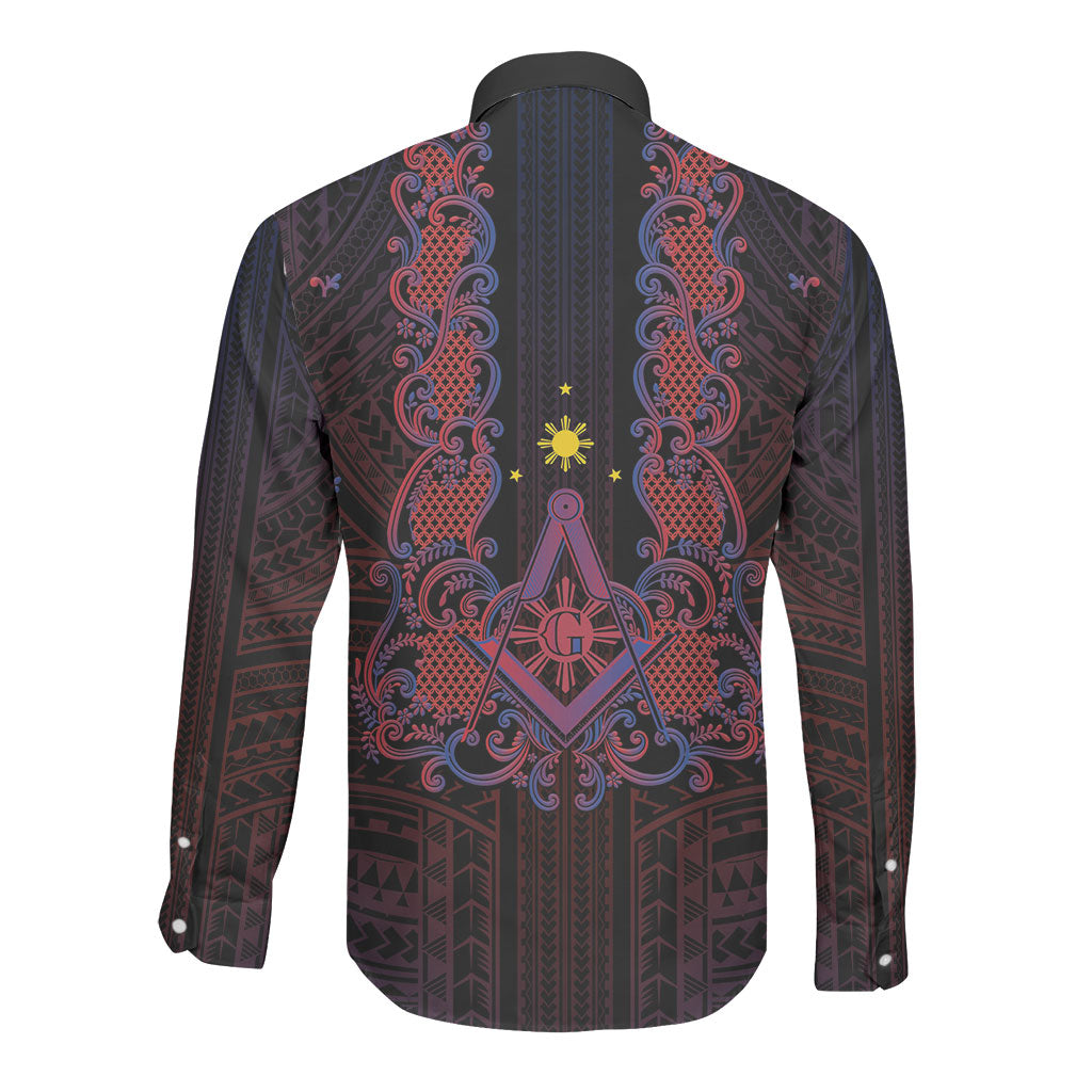 Personalised Philippines Barong Tagalog Freemasonry Long Sleeve Button Shirt Filipino Masonic Polynesian Pattern