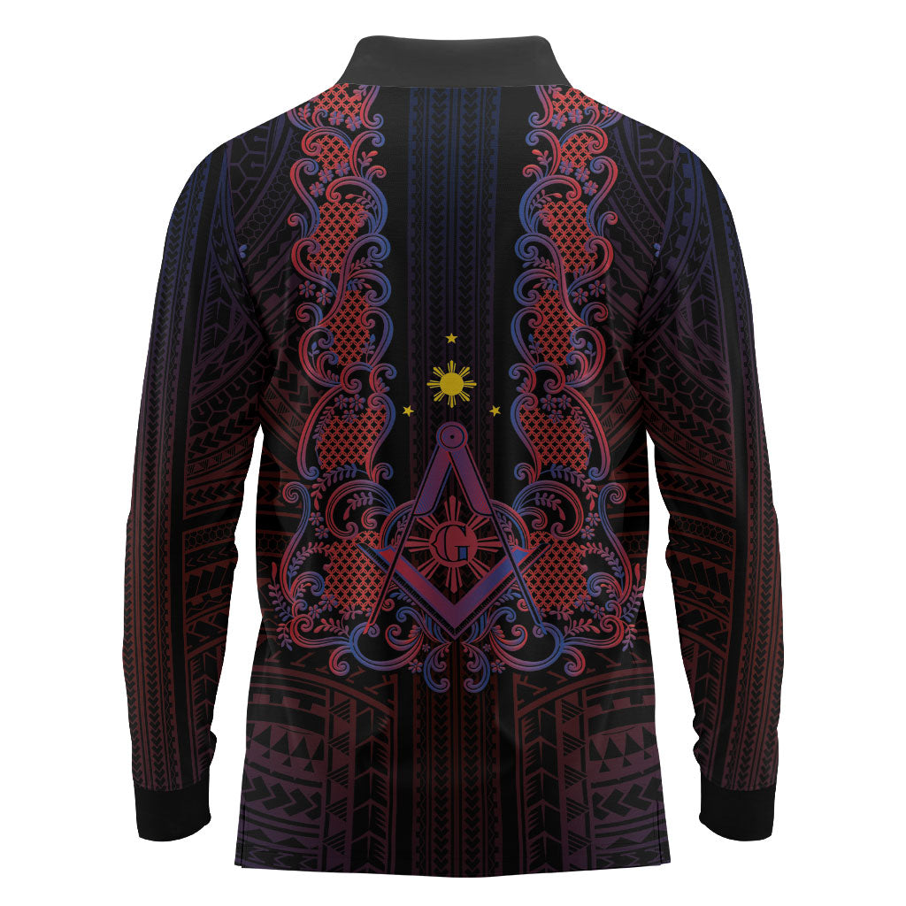 Personalised Philippines Barong Tagalog Freemasonry Long Sleeve Polo Shirt Filipino Masonic Polynesian Pattern