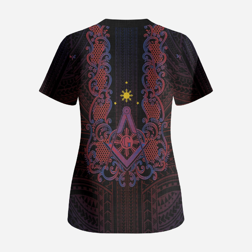 Personalised Philippines Barong Tagalog Freemasonry Scrub Top Filipino Masonic Polynesian Pattern