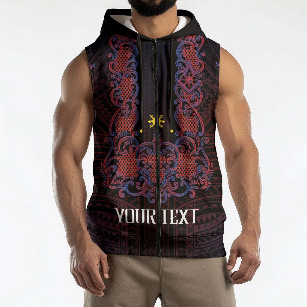 Personalised Philippines Barong Tagalog Freemasonry Sleeveless Zip Hoodie Filipino Masonic Polynesian Pattern