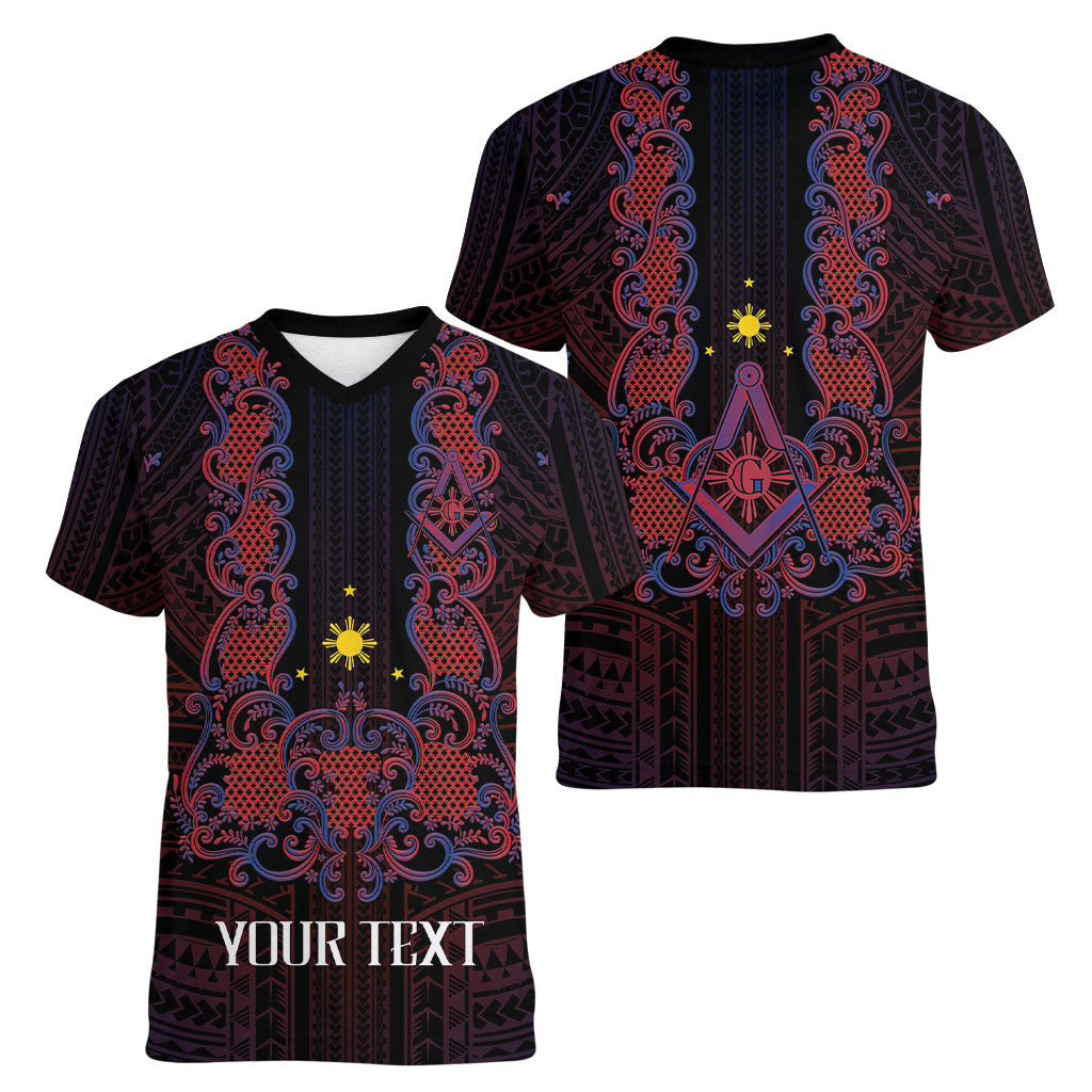Personalised Philippines Barong Tagalog Freemasonry Women V-Neck T-Shirt Filipino Masonic Polynesian Pattern