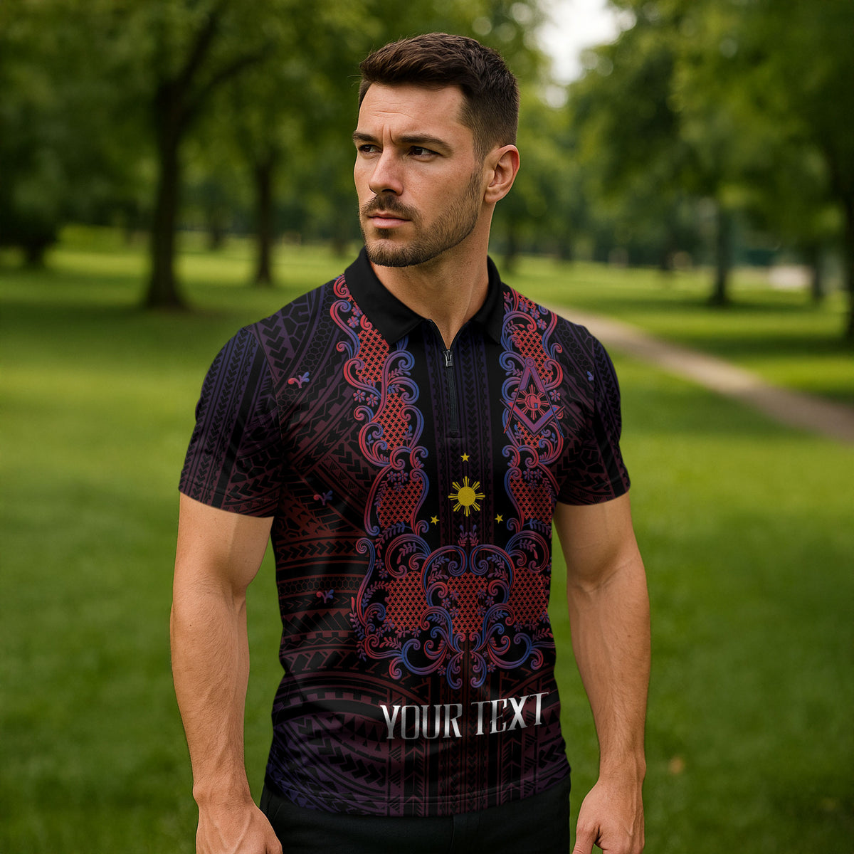 Personalised Philippines Barong Tagalog Freemasonry Zipper Polo Shirt Filipino Masonic Polynesian Pattern