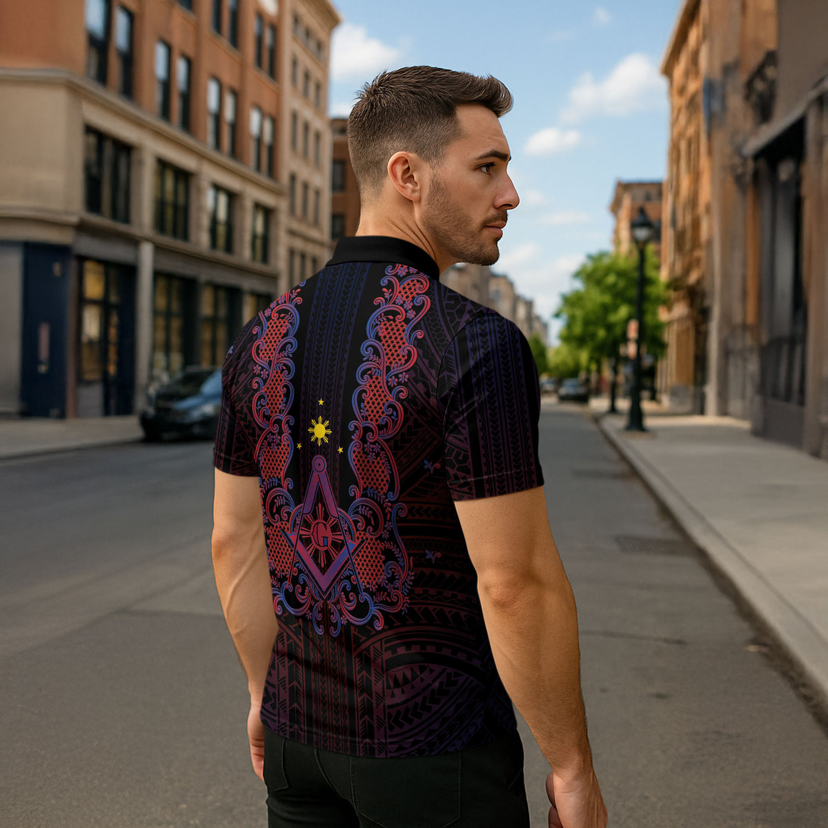 Personalised Philippines Barong Tagalog Freemasonry Zipper Polo Shirt Filipino Masonic Polynesian Pattern