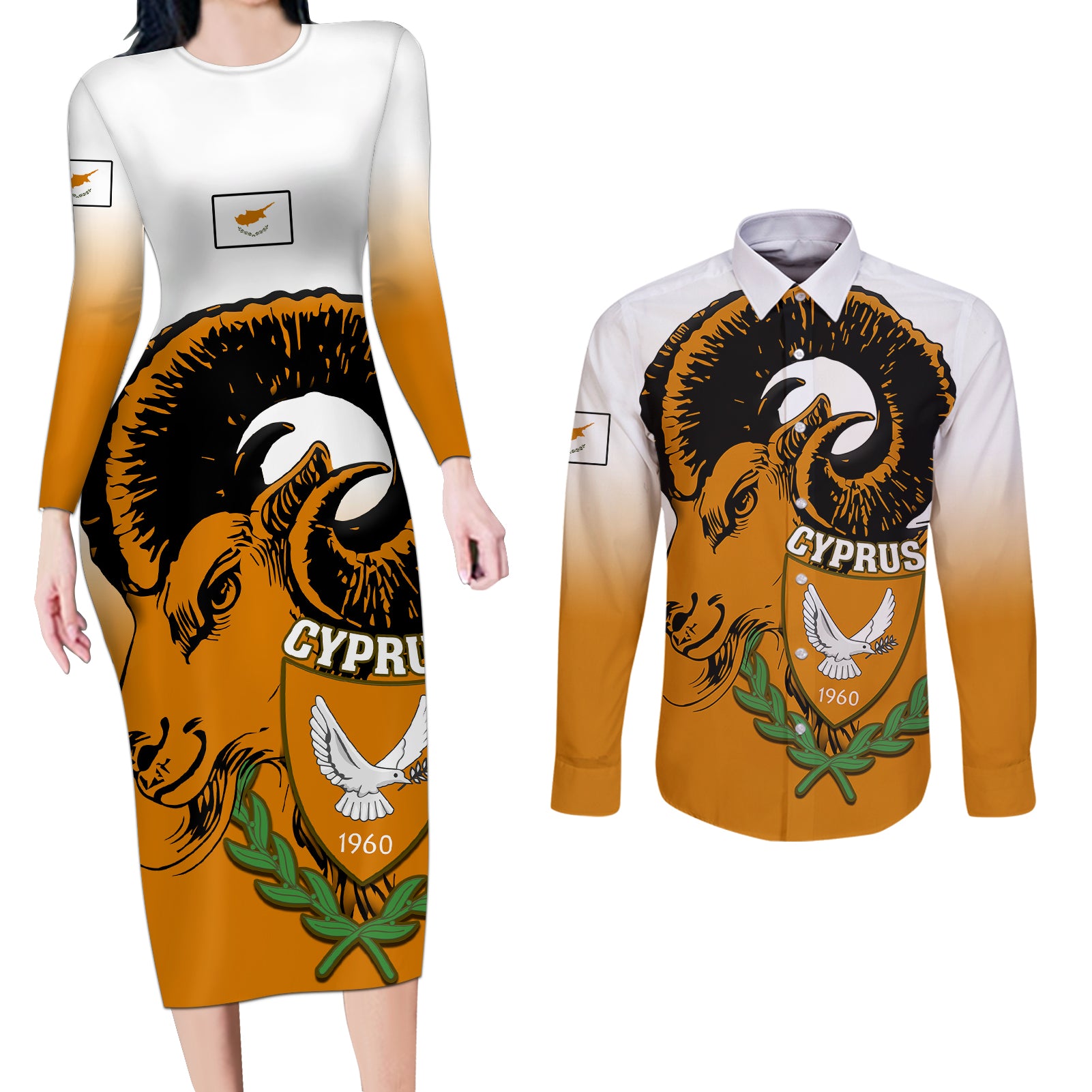cyprus-independence-day-couples-matching-long-sleeve-bodycon-dress-and-long-sleeve-button-shirts-coat-of-arms-with-cypriot-mouflon-gradient-style