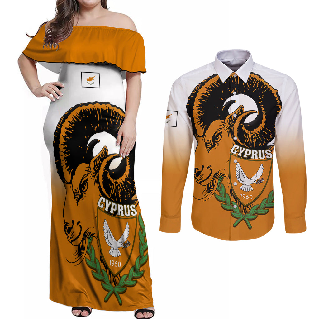 cyprus-independence-day-couples-matching-off-shoulder-maxi-dress-and-long-sleeve-button-shirts-coat-of-arms-with-cypriot-mouflon-gradient-style
