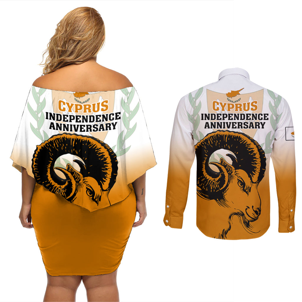 Cyprus Independence Day Couples Matching Off Shoulder Short Dress and Long Sleeve Button Shirts Coat Of Arms With Cypriot Mouflon Gradient Style - Wonder Print Shop