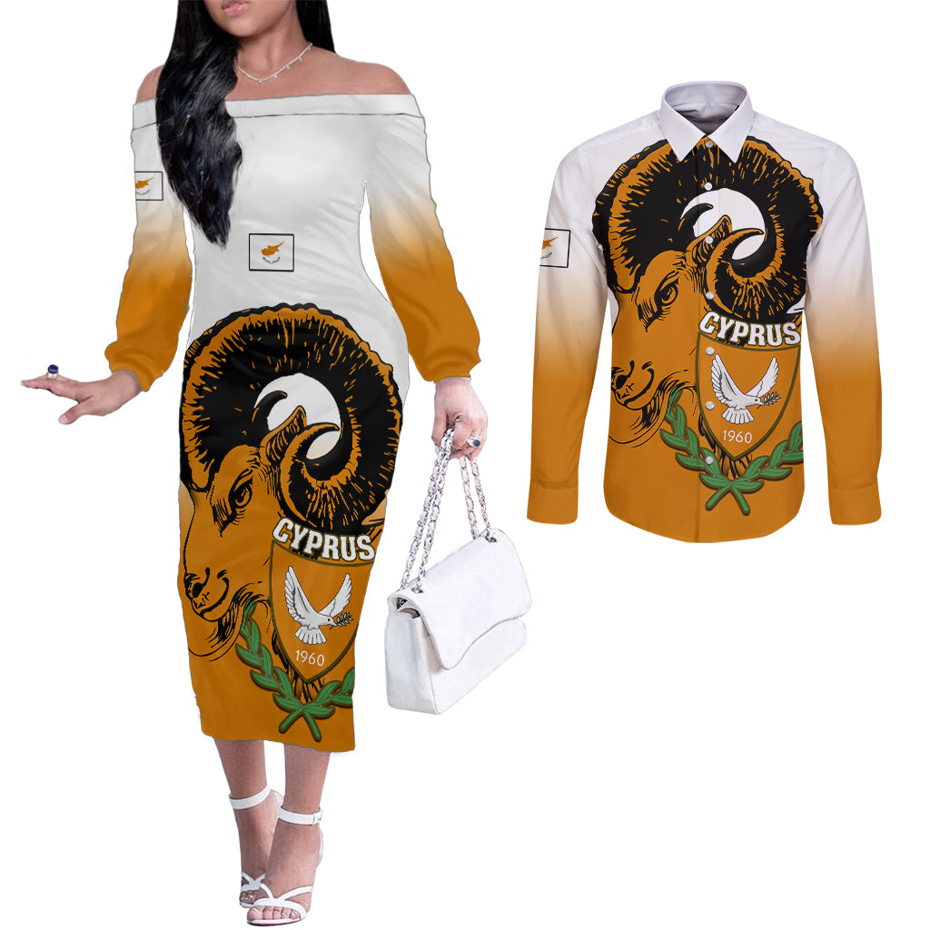 cyprus-independence-day-couples-matching-off-the-shoulder-long-sleeve-dress-and-long-sleeve-button-shirts-coat-of-arms-with-cypriot-mouflon-gradient-style