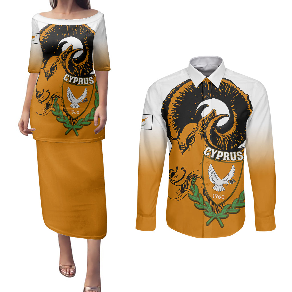 cyprus-independence-day-couples-matching-puletasi-dress-and-long-sleeve-button-shirts-coat-of-arms-with-cypriot-mouflon-gradient-style