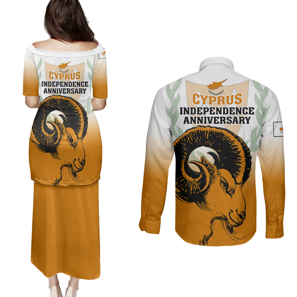 Cyprus Independence Day Couples Matching Puletasi Dress and Long Sleeve Button Shirts Coat Of Arms With Cypriot Mouflon Gradient Style - Wonder Print Shop