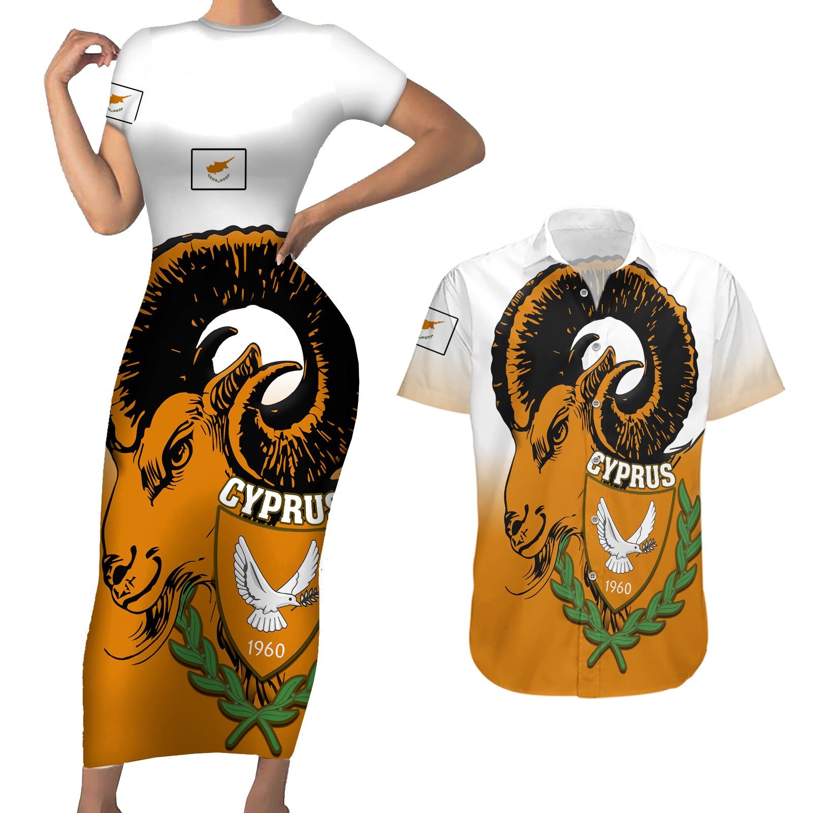 cyprus-independence-day-couples-matching-short-sleeve-bodycon-dress-and-hawaiian-shirt-coat-of-arms-with-cypriot-mouflon-gradient-style