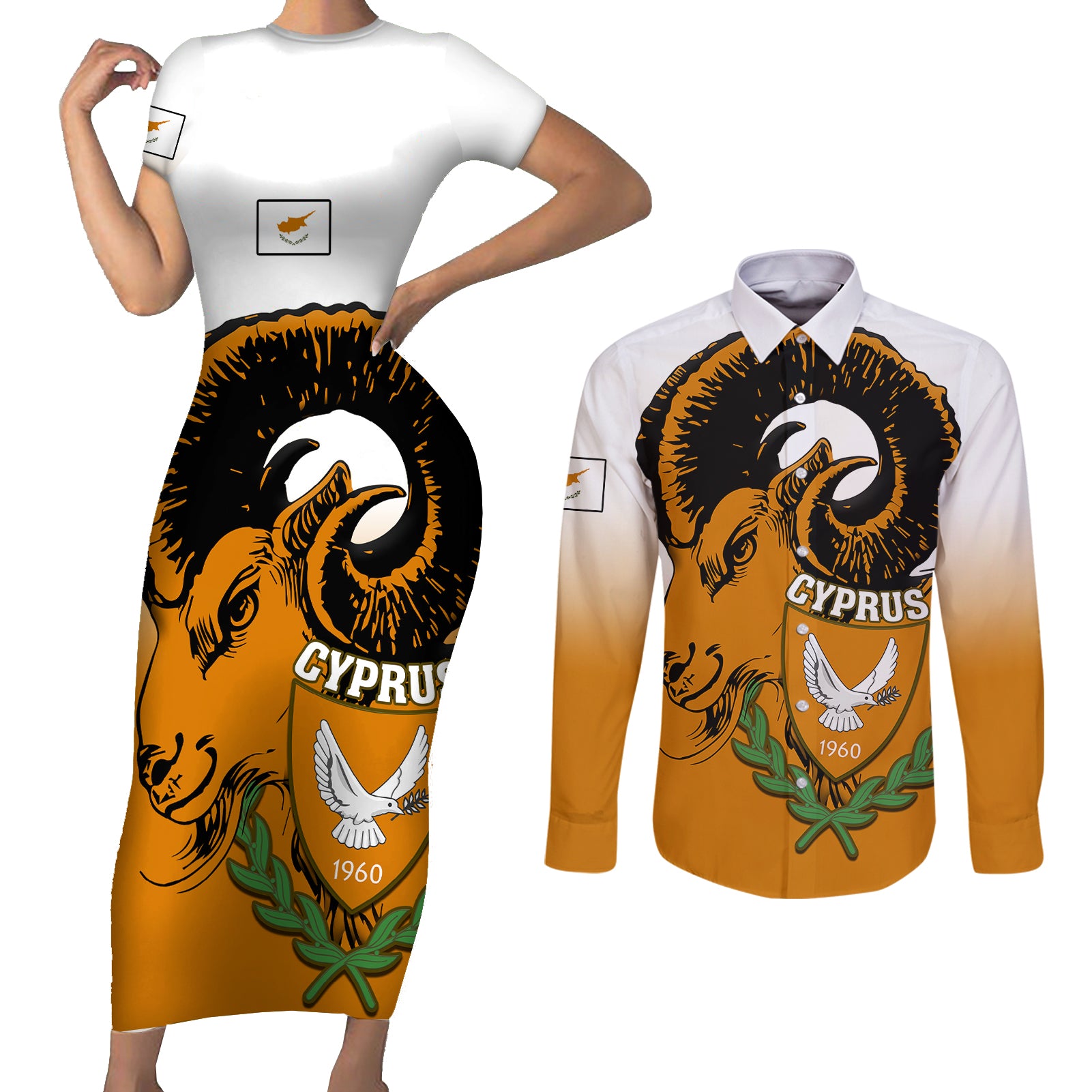 cyprus-independence-day-couples-matching-short-sleeve-bodycon-dress-and-long-sleeve-button-shirts-coat-of-arms-with-cypriot-mouflon-gradient-style