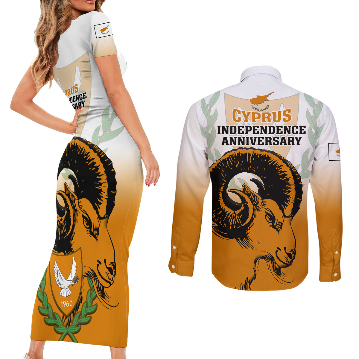 Cyprus Independence Day Couples Matching Short Sleeve Bodycon Dress and Long Sleeve Button Shirts Coat Of Arms With Cypriot Mouflon Gradient Style - Wonder Print Shop