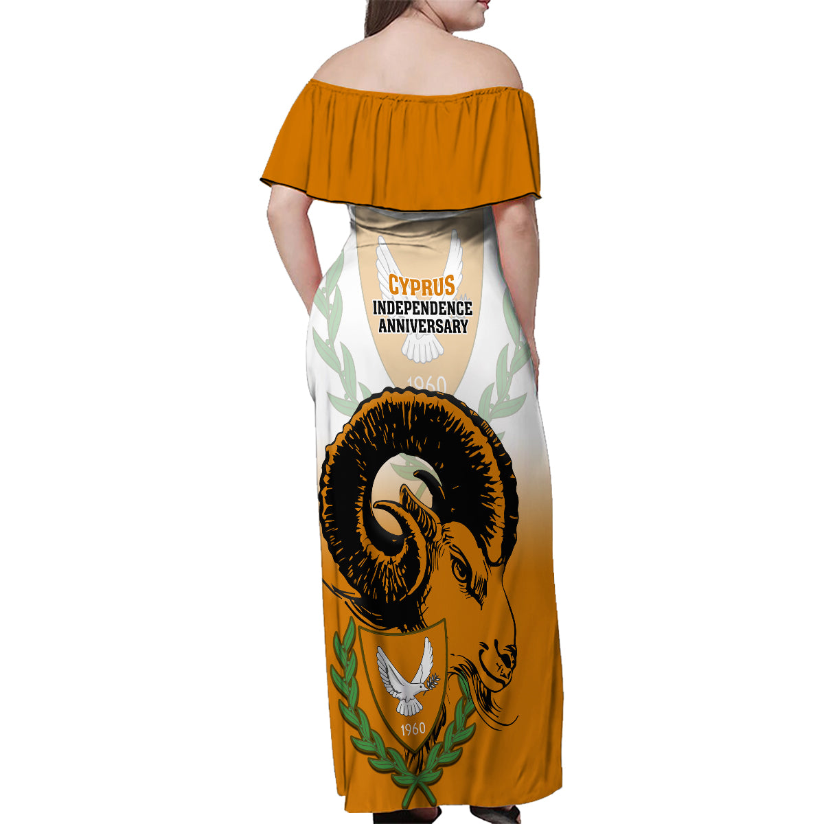 Cyprus Independence Day Family Matching Off Shoulder Maxi Dress and Hawaiian Shirt Coat Of Arms With Cypriot Mouflon Gradient Style - Wonder Print Shop