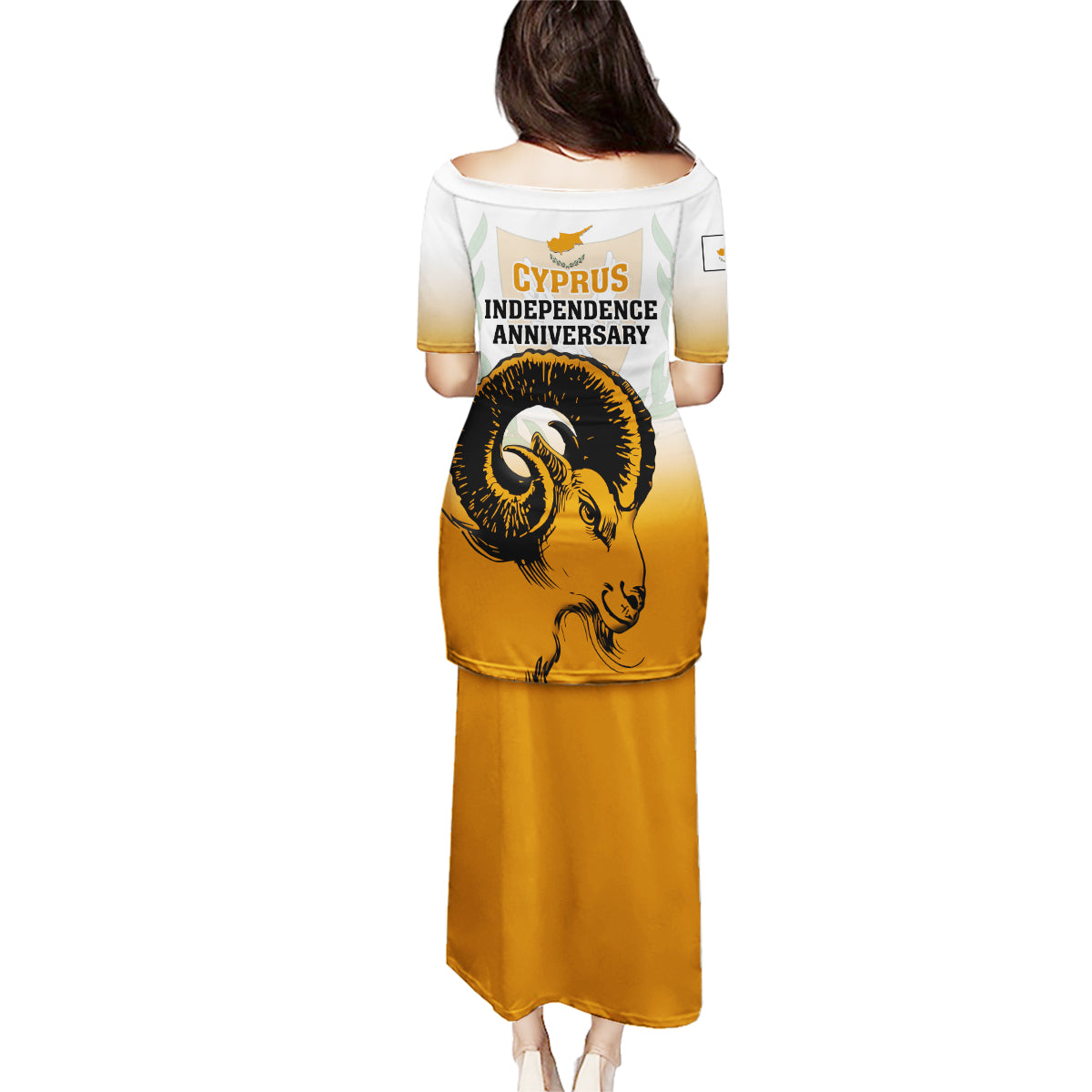 Cyprus Independence Day Family Matching Puletasi Dress and Hawaiian Shirt Coat Of Arms With Cypriot Mouflon Gradient Style - Wonder Print Shop
