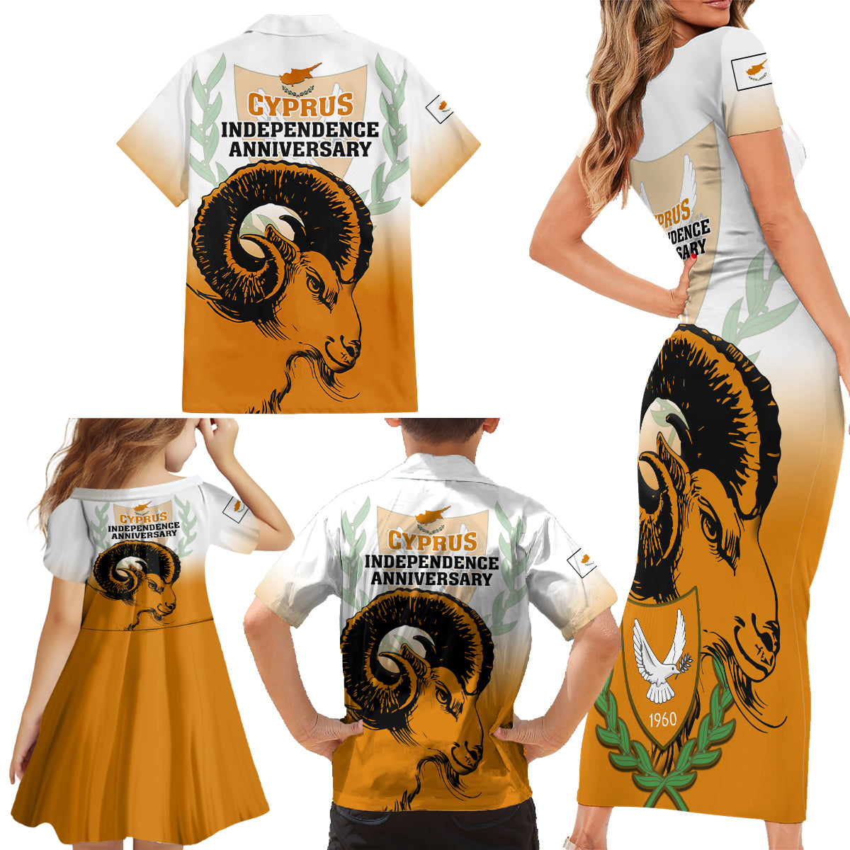Cyprus Independence Day Family Matching Short Sleeve Bodycon Dress and Hawaiian Shirt Coat Of Arms With Cypriot Mouflon Gradient Style - Wonder Print Shop