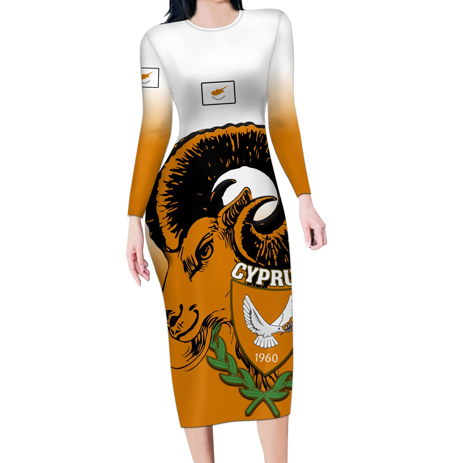 cyprus-independence-day-long-sleeve-bodycon-dress-coat-of-arms-with-cypriot-mouflon-gradient-style