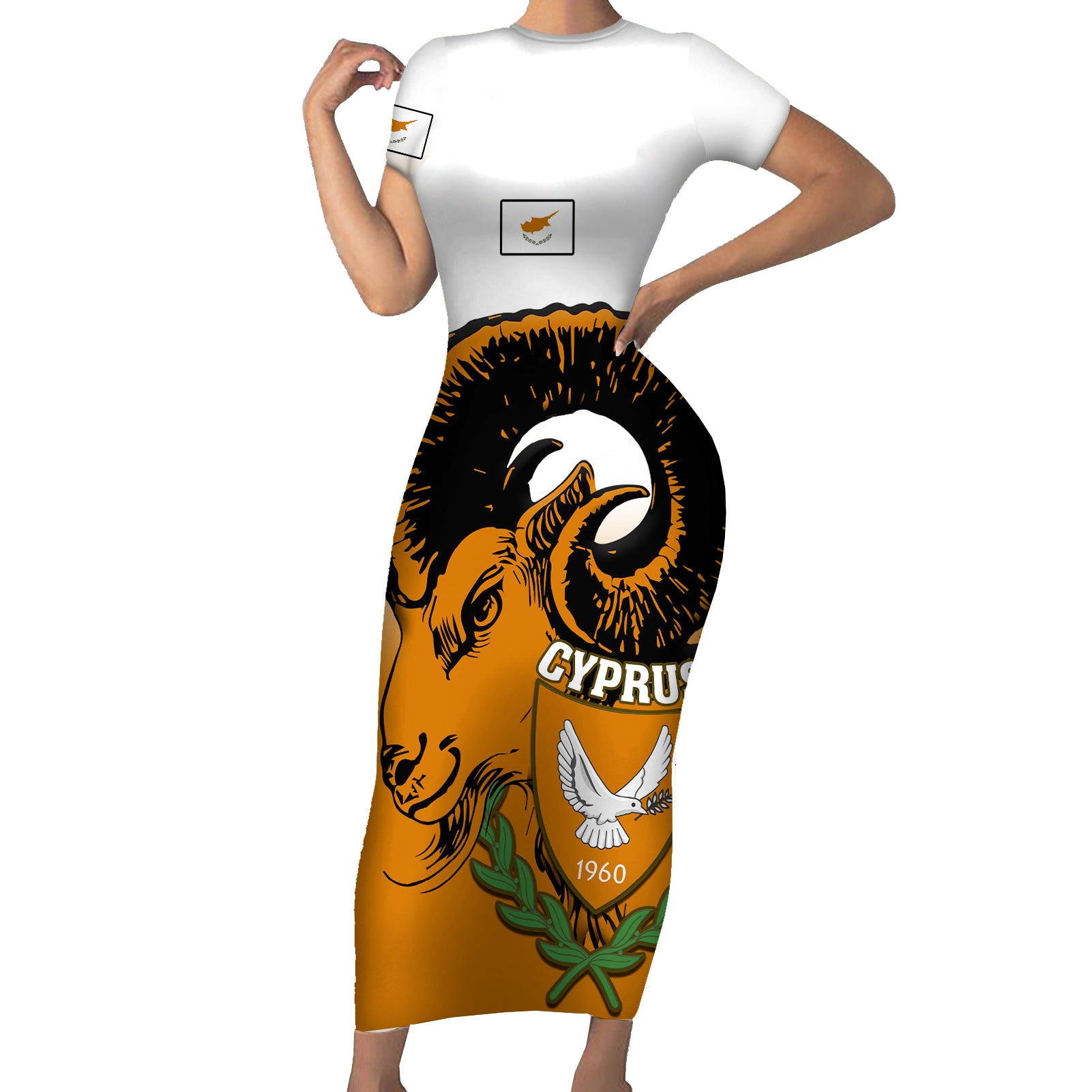 cyprus-independence-day-short-sleeve-bodycon-dress-coat-of-arms-with-cypriot-mouflon-gradient-style