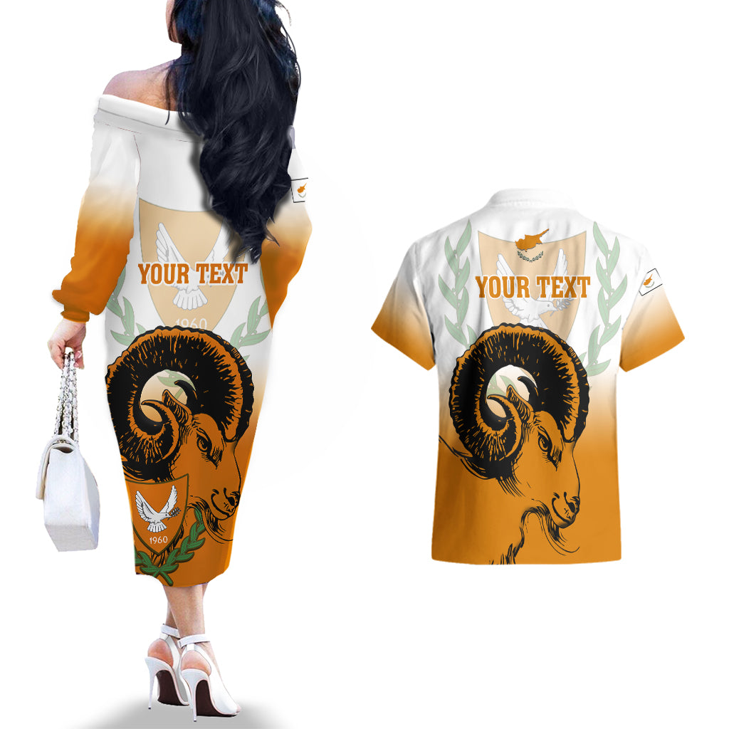 Personalised Cyprus Independence Day Couples Matching Off The Shoulder Long Sleeve Dress and Hawaiian Shirt Coat Of Arms With Cypriot Mouflon Gradient Style - Wonder Print Shop