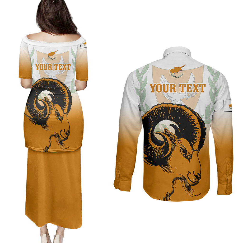 Personalised Cyprus Independence Day Couples Matching Puletasi Dress and Long Sleeve Button Shirts Coat Of Arms With Cypriot Mouflon Gradient Style - Wonder Print Shop