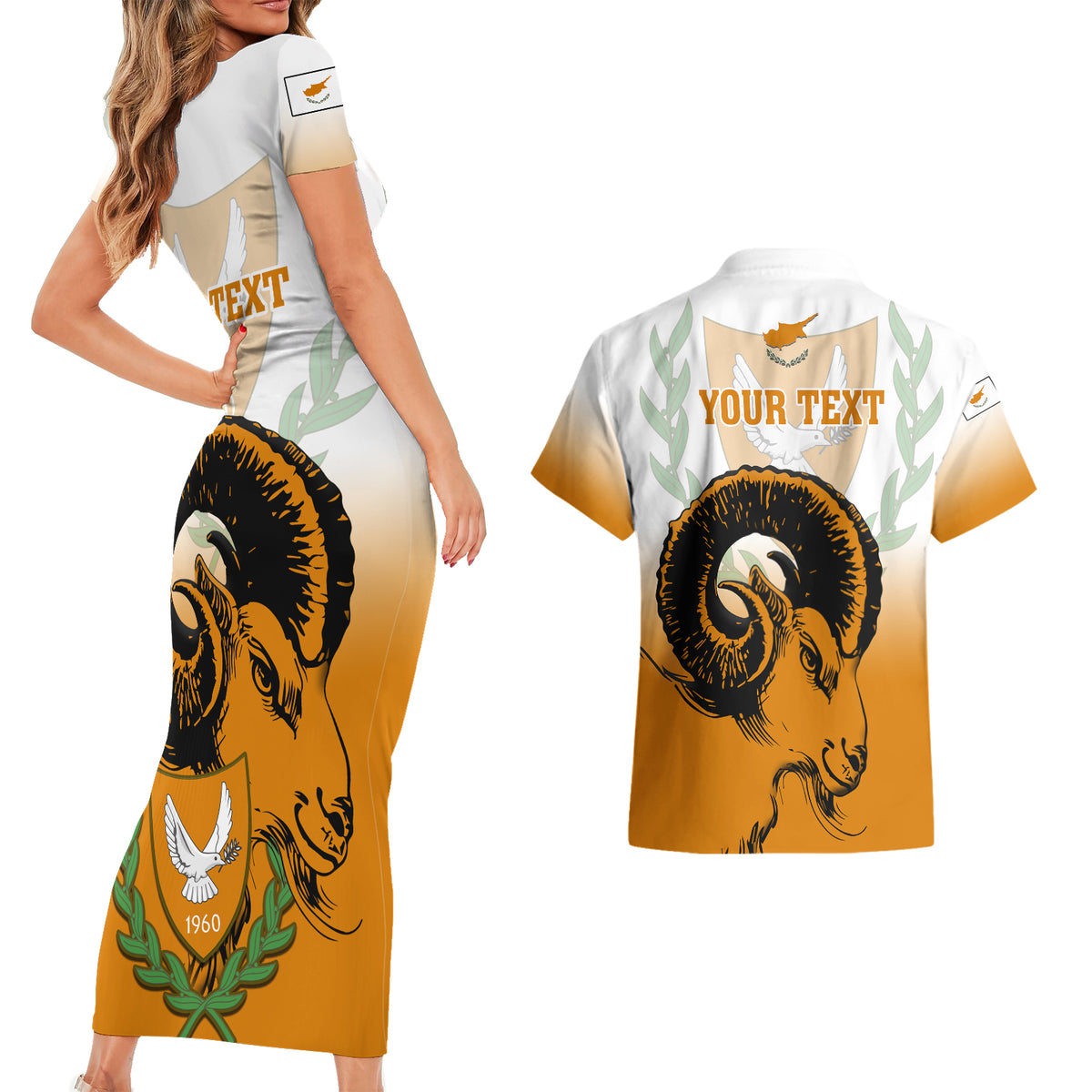 Personalised Cyprus Independence Day Couples Matching Short Sleeve Bodycon Dress and Hawaiian Shirt Coat Of Arms With Cypriot Mouflon Gradient Style - Wonder Print Shop