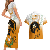 Personalised Cyprus Independence Day Couples Matching Short Sleeve Bodycon Dress and Hawaiian Shirt Coat Of Arms With Cypriot Mouflon Gradient Style - Wonder Print Shop