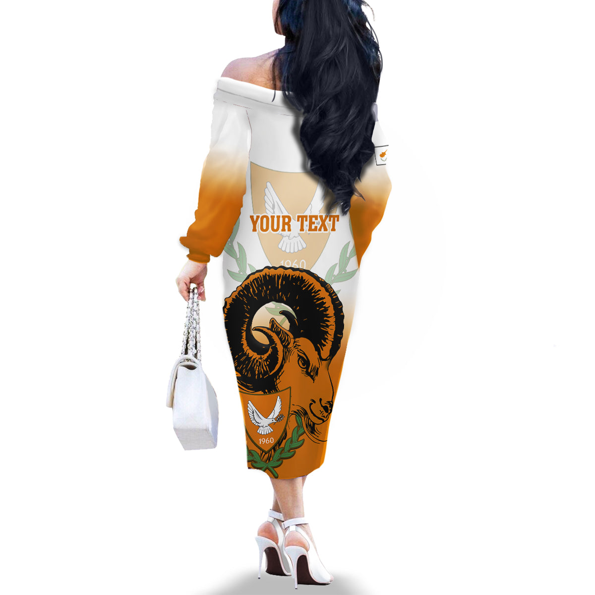 Personalised Cyprus Independence Day Family Matching Off Shoulder Long Sleeve Dress and Hawaiian Shirt Coat Of Arms With Cypriot Mouflon Gradient Style - Wonder Print Shop