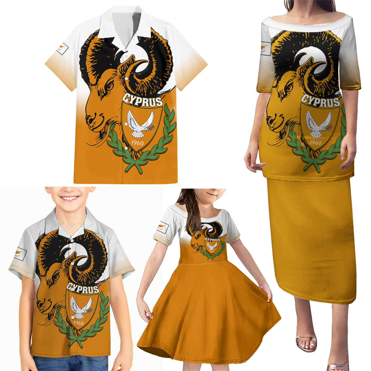 Personalised Cyprus Independence Day Family Matching Puletasi Dress and Hawaiian Shirt Coat Of Arms With Cypriot Mouflon Gradient Style - Wonder Print Shop