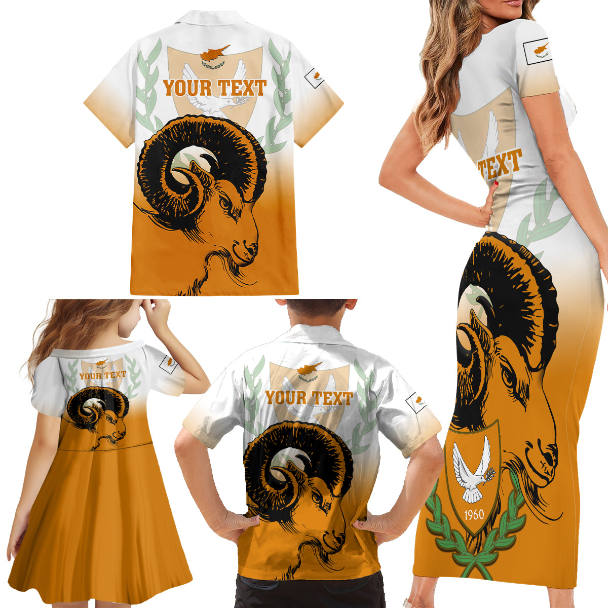 Personalised Cyprus Independence Day Family Matching Short Sleeve Bodycon Dress and Hawaiian Shirt Coat Of Arms With Cypriot Mouflon Gradient Style - Wonder Print Shop