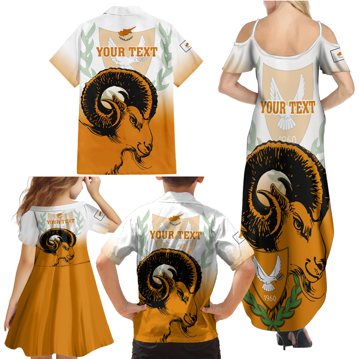 Personalised Cyprus Independence Day Family Matching Summer Maxi Dress and Hawaiian Shirt Coat Of Arms With Cypriot Mouflon Gradient Style - Wonder Print Shop